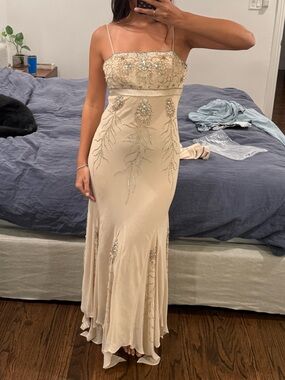 Vintage unbranded Beaded Champagne Evening Dress with Spaghetti Straps